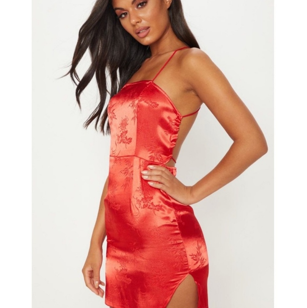 Red satin lace-up bodycon dress